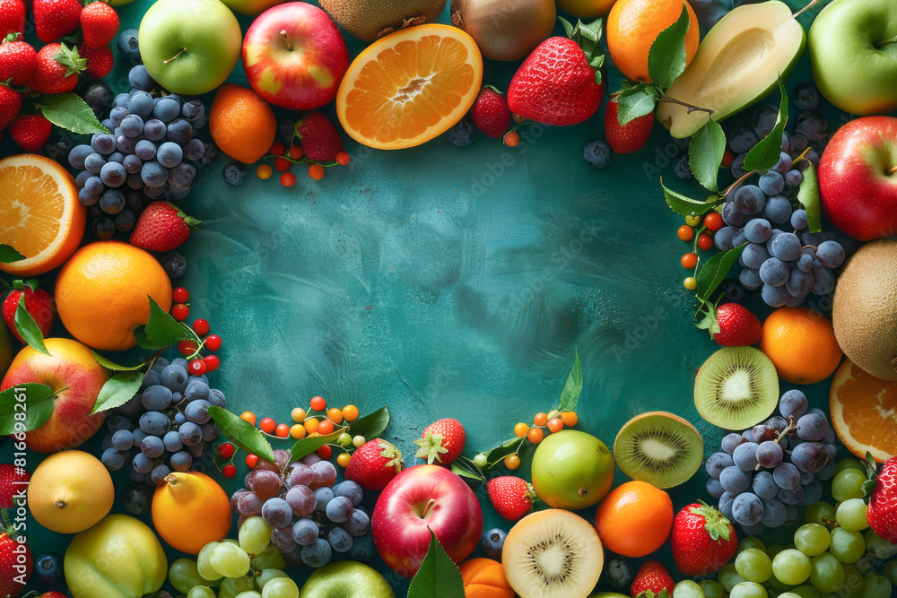 Overhead shot showcasing an array of colorful fruits, with a clear central area for adding text Overhead shot showcasing an array of colorful fruits, with a clear central area for adding text