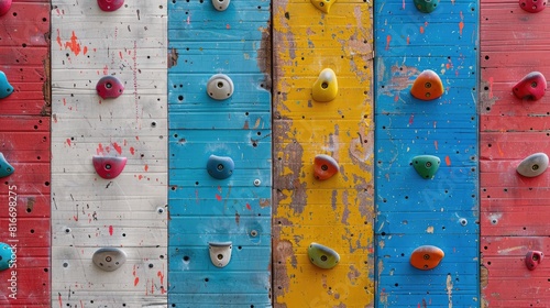 Colourful grips are featured on a compact climbing wall in the sports park