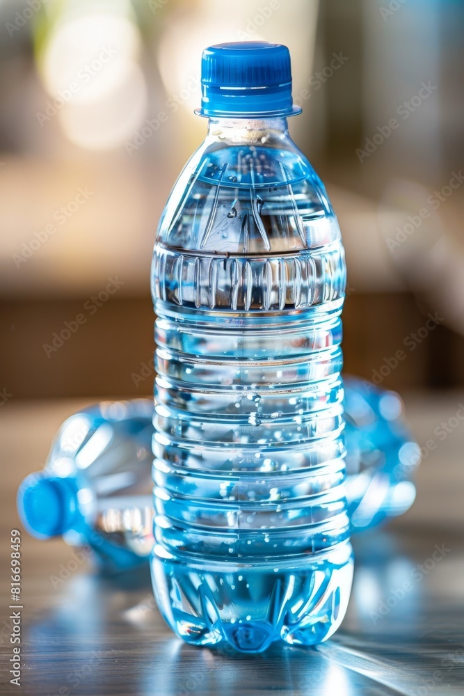 Pouring purified fresh water from bottle on living room table with copy space for text placement