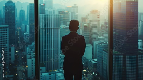 A man in a suit gazes through azure-tinted glass, captivated by the electric blue sky and the symmetrical skyscrapers towering in the cityscape. AIG41