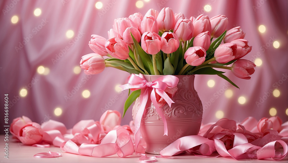 A bouquet of pink tulips in a vase with a pink ribbon. A bouquet of pink tulips in a vase with a pink ribbon.