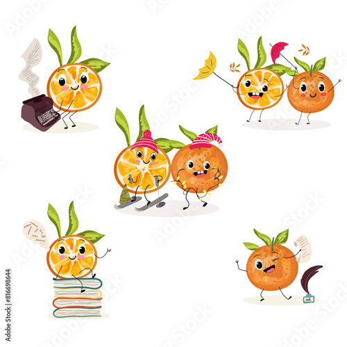 Cute orange, tangerine fruit characters set, collection. Flat vector illustration. Activities, playing musical instruments, sports, funny fruits.