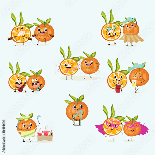 Cute orange, tangerine fruit characters set, collection. Flat vector illustration. Activities, playing musical instruments, sports, funny fruits.