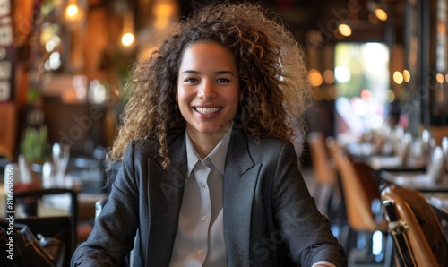 Portrait of a smiling business women wearing blazer, sitting in a local cafe