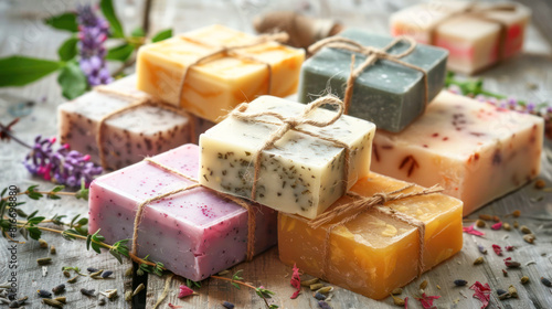 Handcrafted Artisanal Soaps with Natural Ingredients. Beautifully presented handcrafted soaps tied with twine, featuring natural ingredients like herbs and flowers on a rustic wooden background.