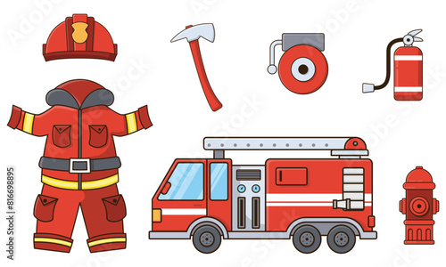 Illustration of set of fireman equipments vector graphic cute cartoon style isolated white background.