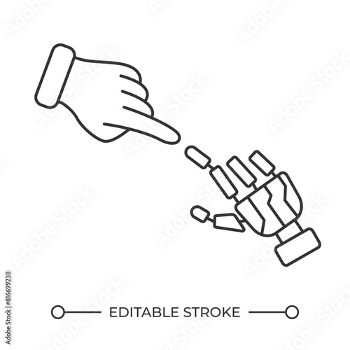Human and robot hands linear icon. AI and human interaction. Artificial intelligence connection. Machine learning. Thin line illustration. Contour symbol. Vector outline drawing. Editable stroke