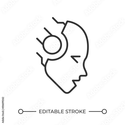 Robot head linear icon. Human enhancement. Artificial intelligence. Transhumanism. Digital transformation. Thin line illustration. Contour symbol. Vector outline drawing. Editable stroke