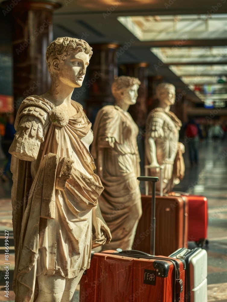 Naklejka premium Old statues from ancient Greece and Rome are depicted as if they are travelers at the airport, carrying suitcases.