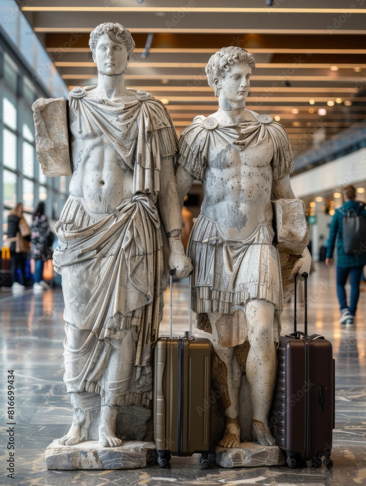 Naklejka premium Old statues from ancient Greece and Rome are depicted as if they are travelers at the airport, carrying suitcases.