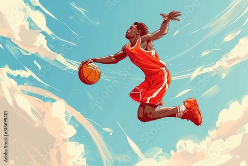 A basketball player in a red uniform jumping with a ball. Suitable for sports and action concepts photo