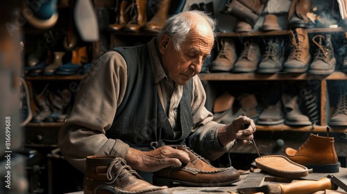 A man working on a shoe in a shoe shop. Ideal for shoe repair business promotion photo