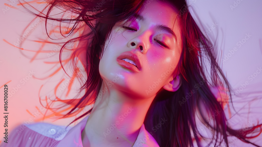ネオンライトの輝きに包まれたアジア人女性の魅惑的なポートレート ネオンライトの輝きに包まれたアジア人女性の魅惑的なポートレート