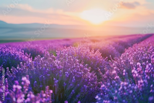 Tranquil lavender field at sunrise photo on white isolated background