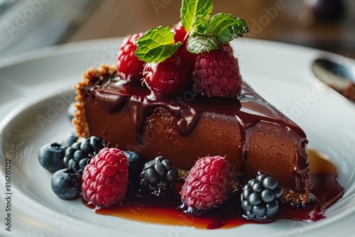 Exquisite chocolate pudding garnished with juicy raspberries, blueberries, and a mint leaf