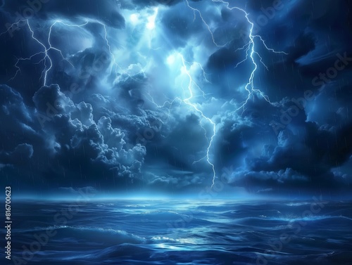 Dramatic thunderstorm with lightning striking over a turbulent ocean. Dark clouds and intense light create a powerful and awe-inspiring scene, capturing the raw energy of nature.