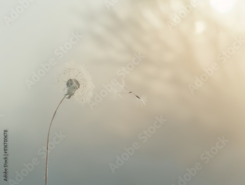 A lone dandelion seed floating in the wind against a soft focus background  rule of thirds composition  high detail