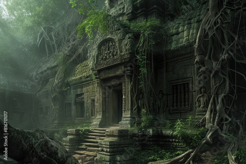 An ancient, abandoned temple overrun by nature, with intricate carvings and overgrown vines. Resplendent. photo