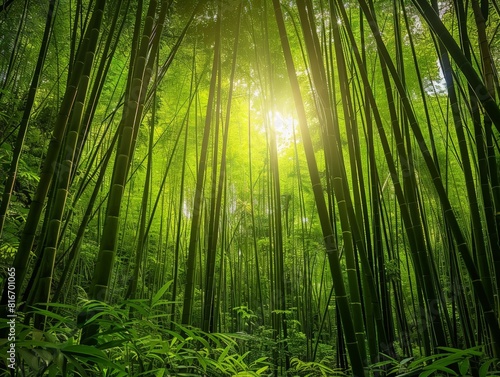 A lush  green bamboo forest with sunlight filtering through  rule of thirds composition  high detail
