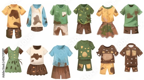 Modern cartoon set of dirty child garments, including t-shirts, shorts, dresses, sweaters and pajamas with dirt stains. photo