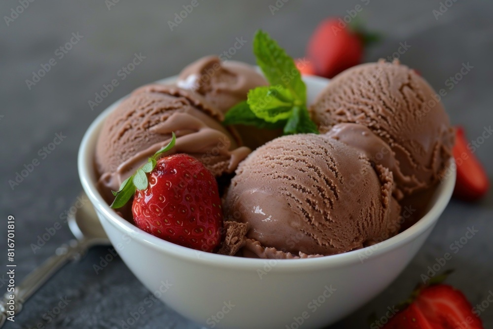 Bowl of rich chocolate ice cream topped with a ripe strawberry and mint leaf on a dark background Bowl of rich chocolate ice cream topped with a ripe strawberry and mint leaf on a dark background