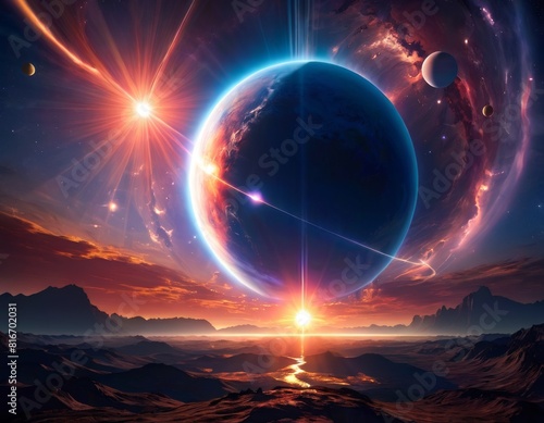 A vibrant digital art depiction of an otherworldly sunrise with multiple suns, planets, and a star-filled sky over a desert terrain.. AI Generation