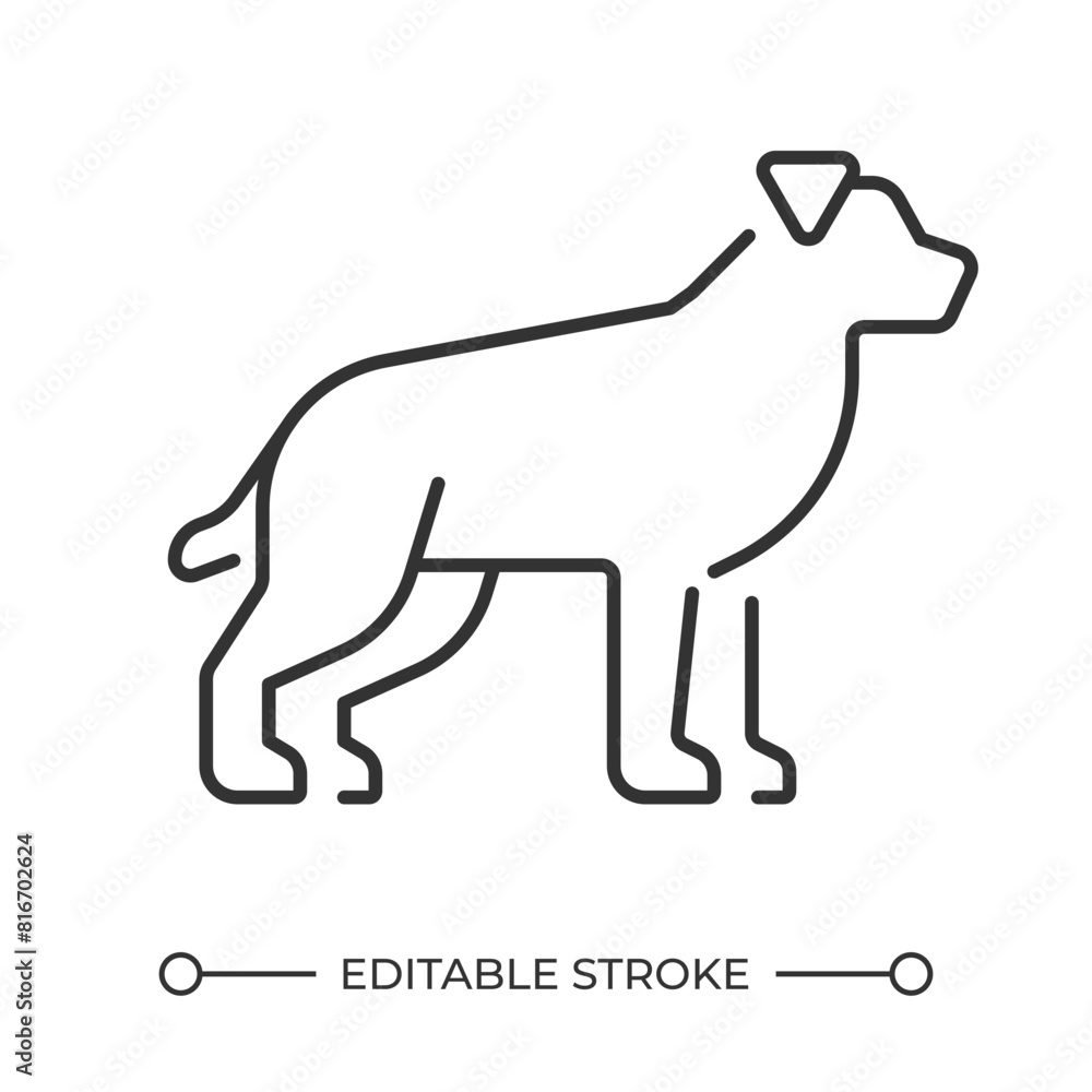 Dog linear icon. Cute domestic animal. Purebreed dog. Faithful companion dog. Veterinary service symbol. Thin line illustration. Contour symbol. Vector outline drawing. Editable stroke