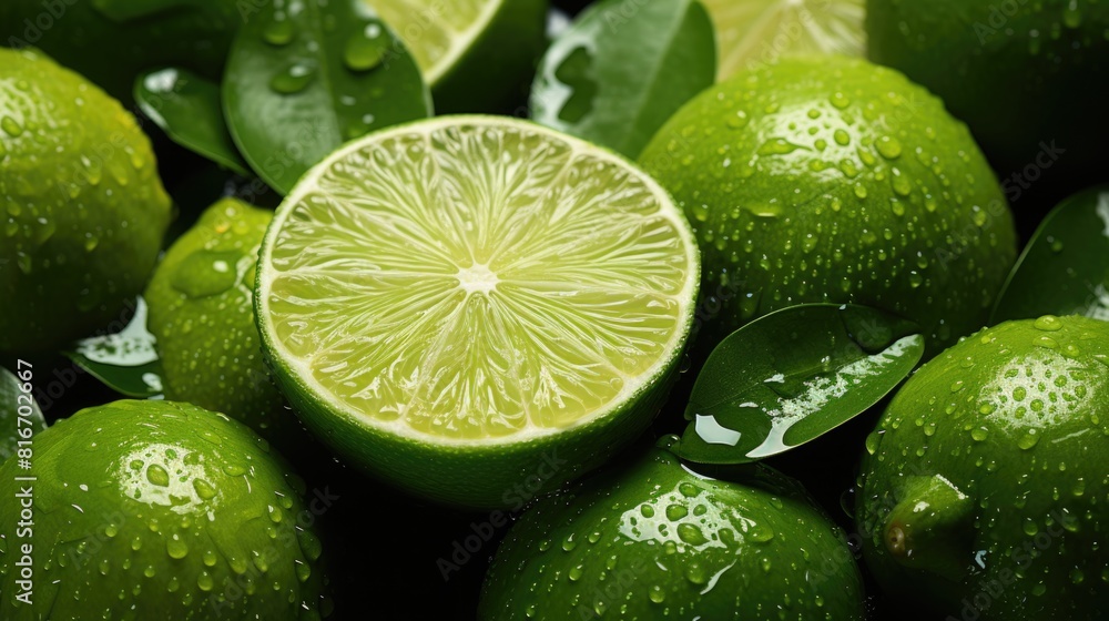 Fresh Green Limes with Water Droplets and Sliced Citrus Fruit on Green Leaves Background Fresh Green Limes with Water Droplets and Sliced Citrus Fruit on Green Leaves Background