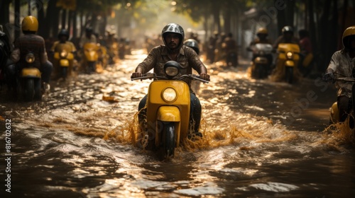 Man Riding Yellow Scooter Through Flooded Street in Chennai  India During Rainy Season