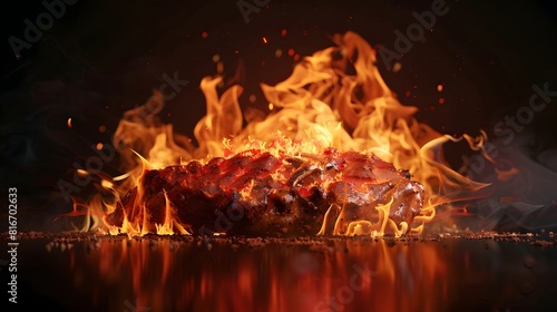 A large piece of meat is on fire, with the flames reaching up to the sky. Concept of danger and excitement, as the fire is intense and consuming. The meat is likely being cooked