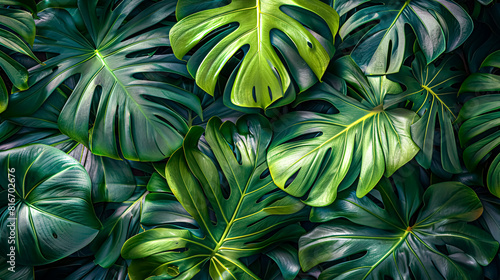 Green leaves background. Tropical leaves texture. Top view, flat lay. 