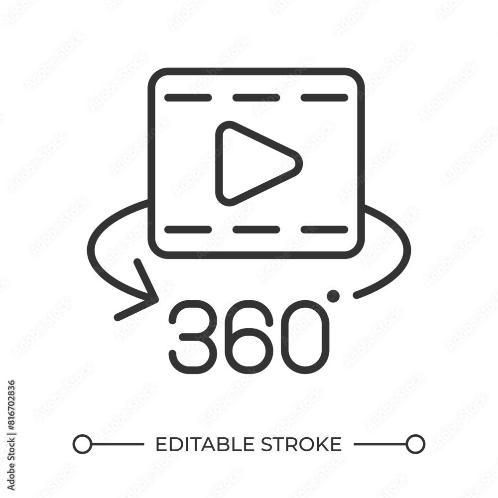 Virtual cinema linear icon. Panoramic video icon. 360 degree view. Immersive experience. Full turn angle. Thin line illustration. Contour symbol. Vector outline drawing. Editable stroke Virtual cinema linear icon. Panoramic video icon. 360 degree view. Immersive experience. Full turn angle. Thin line illustration. Contour symbol. Vector outline drawing. Editable stroke