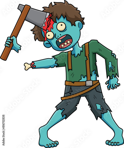 Zombie with an Axe in His Head Cartoon Clipart