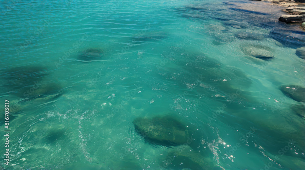 Obraz premium Aerial View of a Girl Swimming in Turquoise Clear Ocean Water Near a Rocky Shoreline