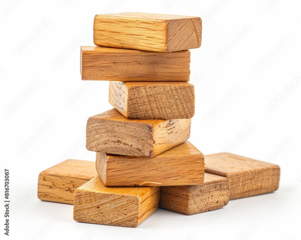 A set of wooden building blocks stacked in a perfect tower, representing structure and stability, rule of thirds composition, high detail