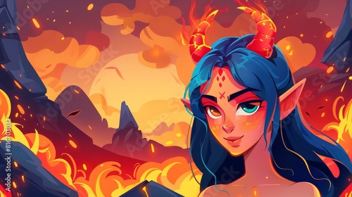 Fantasy cartoon illustration of hell landscape with hot lava and rocks and a girl demon on a banner with horns and fire.