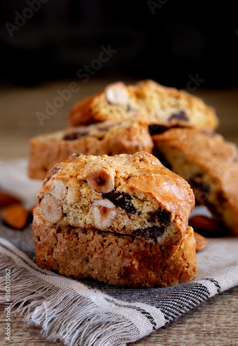 Tuscan cookies called cantucci with hazelnuts, almonds, and chocolate.