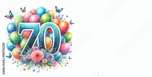 Watercolor balloons with the number 70 on a white background - Happy 70th birthday card with copy space to add text
