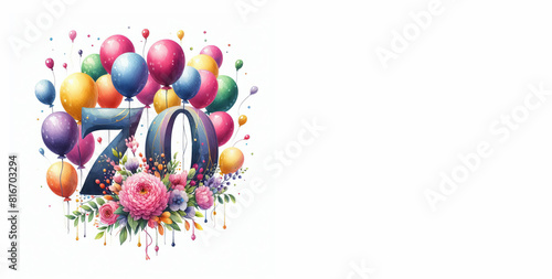 Watercolor balloons with the number 70 on a white background - Happy 70th birthday card with copy space to add text