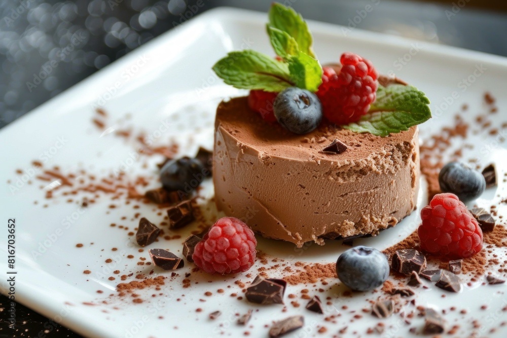 Elegant chocolate mousse dessert garnished with raspberries, blueberries, mint, and chocolate shavings on a white plate Elegant chocolate mousse dessert garnished with raspberries, blueberries, mint, and chocolate shavings on a white plate