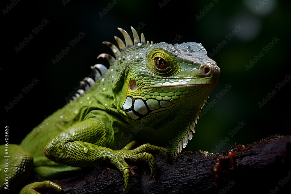 A green chameleon is sitting on a branch. A green chameleon is sitting on a branch.