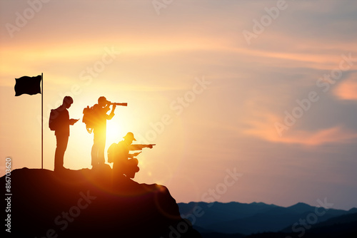 vision for success concept. Businessman's perspective for future planning. Silhouette of three men hold binoculars and open map on mountain peak against sunlight sky background. photo