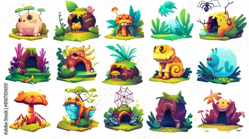 A modern cartoon set of cute wild animals with their homes  a frog  a pond  a rabbit and a burrow. Modern illustration on white background.