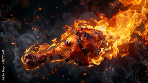 A succulent chicken leg grills over open flames, highlighted by the intense fire that adds a smoky flavor. The image features a close-up view of a chicken leg being grilled, surrounded by flames.