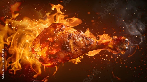 A succulent chicken leg grills over open flames, highlighted by the intense fire that adds a smoky flavor. The image features a close-up view of a chicken leg being grilled, surrounded by flames.