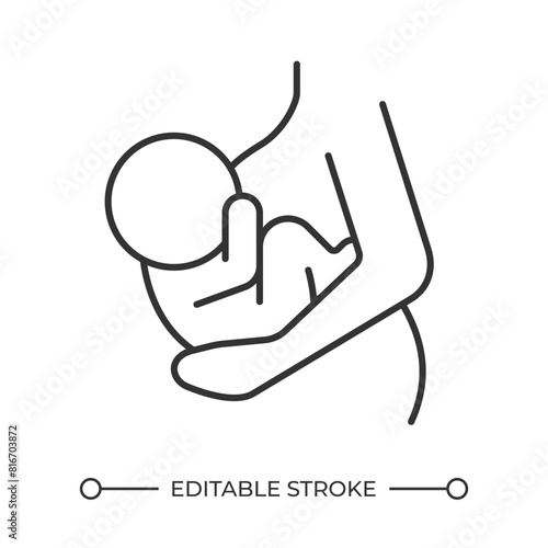 Breastfeeding linear icon. Maternal care. Baby feeding. Maternity lactation, child care. Motherhood parenting. Thin line illustration. Contour symbol. Vector outline drawing. Editable stroke