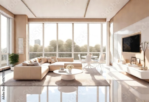 Serene living space with large windows and elegant white furnishings  Modern living room design featuring white furniture and spacious windows  Bright living room with white furniture.