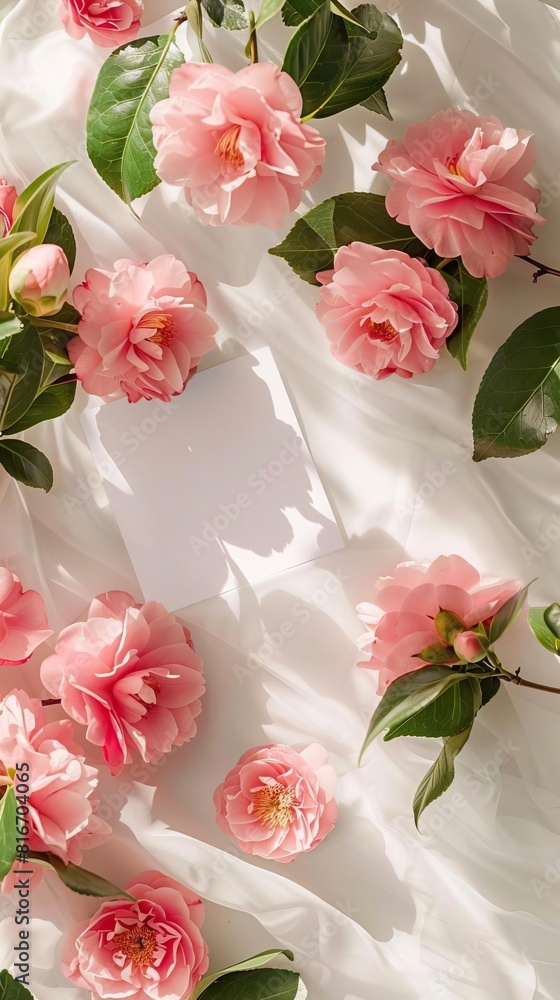 A white table with a bunch of pink camellias on the table A white table with a bunch of pink camellias on the table