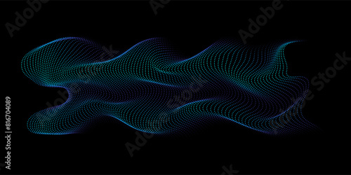 Flowing dot particles wave 3D curve pattern blue and green gradient light isolated on black background. Vector in concept of AI technology, science, music.