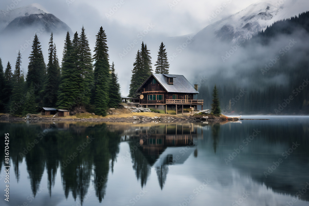 Fototapeta premium A house on a small island in the middle of a lake